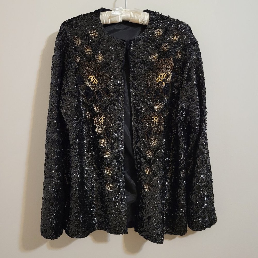80s Sequin Cardigan with Gold Flower Applique- SZ M/L